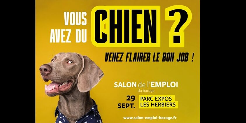 Affiche avec une tête de chien. vous avez du chien ? venez flaire le bon job ! Salon de l'emploi le 29 septembre parc expos Les Herbiers